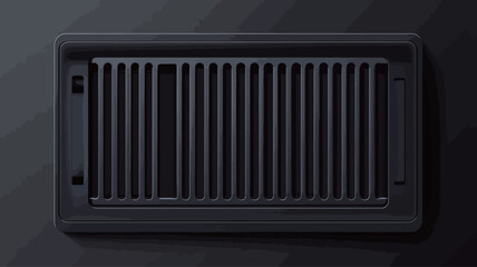 Close-up shot of a rectangular ventilation grille set against a dark background.  The grille is black and features a series of evenly spaced vertical slits. The overall aesthetic is minimalist and