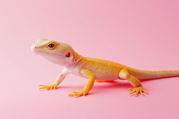 Naklejka premium An orange lizard poses on a solid pastel pink background for display