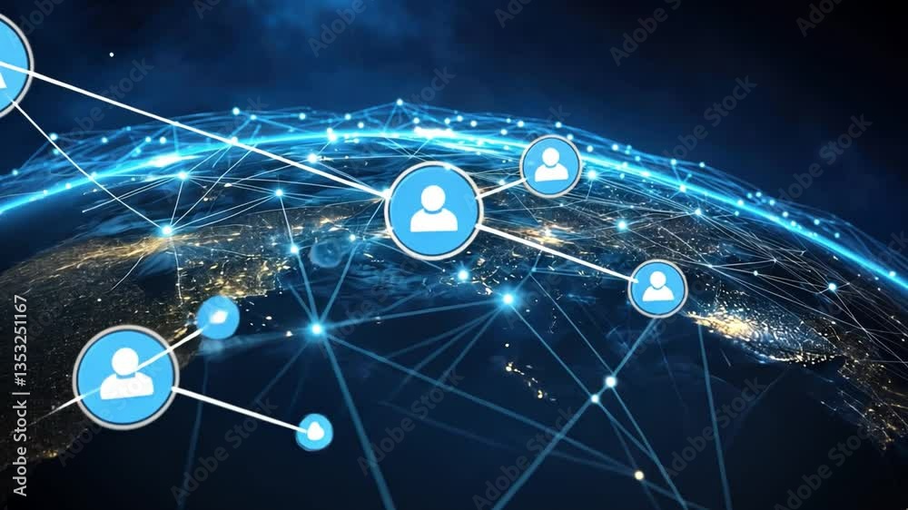 Poster global connectivity concept with digital network representation and abstract user profile icons on e