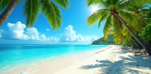 Sunny day at tropical beach with palm trees and crystal clear waters, tranquility, relaxation