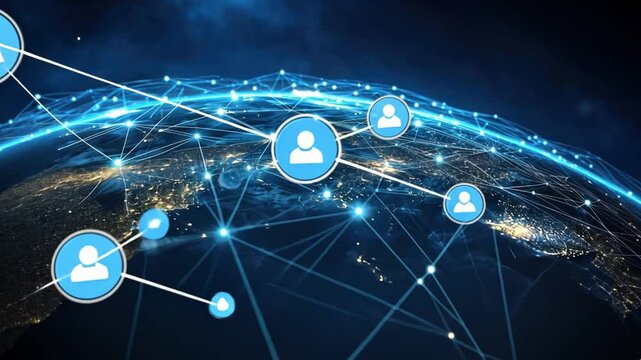 Global Connectivity Concept with Digital Network Representation and Abstract User Profile Icons on Earth Map in Dark Background