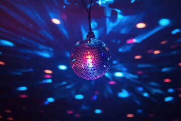 A disco ball illuminates a dark room with colorful light patterns