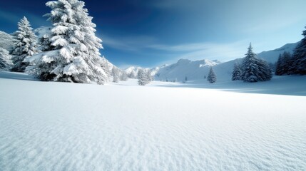 Pristine snowy expanse, with snow-covered evergreens and mountains in the distance, bathed in sunlight