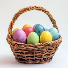 Colorful Easter Eggs in Woven Basket on Light Background for Spring Celebrations, Holiday Decoration, and Festive Traditions