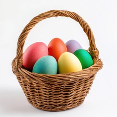 Colorful Easter Eggs in Woven Basket on White Background for Spring Celebration and Festive Occasions