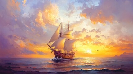 Fototapeta premium A sailing ship travels across the ocean during a beautiful sunset