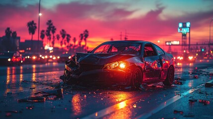 Nightfall Car Crash: A Cityscape of Broken Dreams