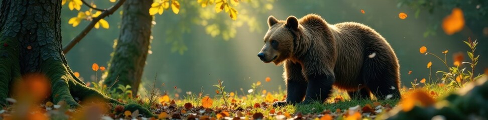 Fototapeta premium Bear surrounded by natural elements like leaves and branches, earthy tone, branches