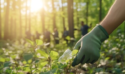 Person in green gloves picking up plastic bottle from forest floor amidst nature conservation effort.