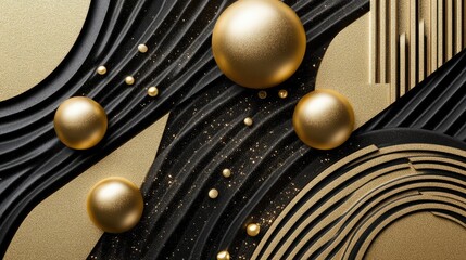 Abstract composition featuring black and gold textures with spheres, creating a luxurious and modern aesthetic