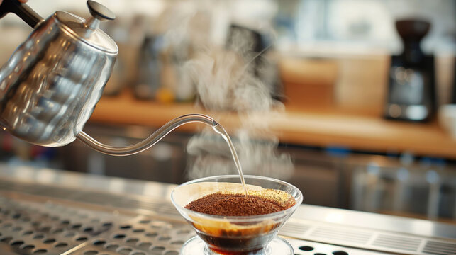 A barista gently pours hot water in slow circles over freshly ground coffee in a V60 dripper. Steam rises as the rustic coffee shop counter remains softly blurred in the background