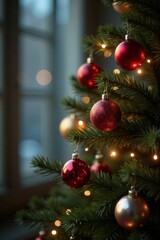 Fototapeta premium Decorated Christmas tree with hanging ball ornaments and twinkling lights, winter wonderland, decorations, festive atmosphere