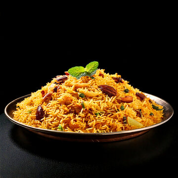 A large plate of biryani rice isolated on a black background