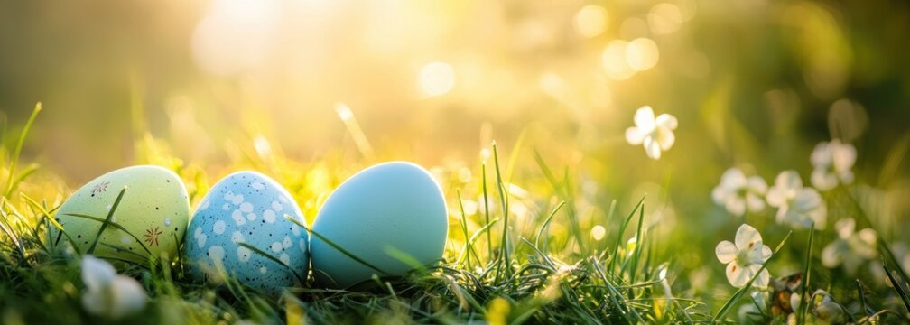 Colorful Easter Eggs Nestled on Fresh Green Grass Surrounded by Delicate White Flowers and Soft Morning Light for Spring Celebration and Festivity