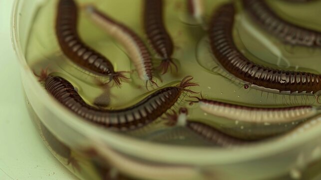 Microscopic view of parasitic worms in a petri dish, surrounded by lab equipment, symbolizing medical research and health concerns in scientific studies.