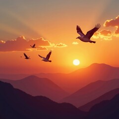 Flock of birds in flight against sunset background , flock, wildlife