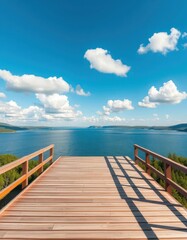 Elevated wooden deck overlooking serene lake under bright blue sky with fluffy clouds, platforming, serenity, blue