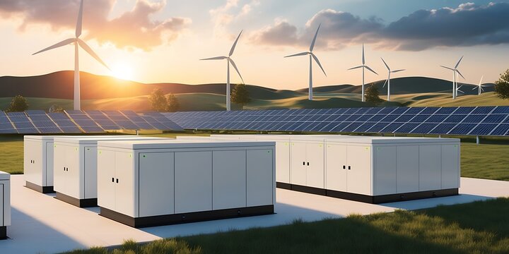 Renewable energy system with solar panels, wind turbines, and battery storage in a scenic landscape. Sustainable power generation with modern clean energy technology for a greener future

