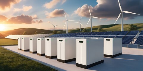 Renewable energy system with solar panels, wind turbines, and battery storage in a scenic landscape. Sustainable power generation with modern clean energy technology for a greener future

