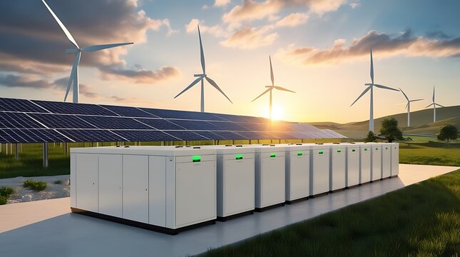 Renewable energy system with solar panels, wind turbines, and battery storage in a scenic landscape. Sustainable power generation with modern clean energy technology for a greener future

