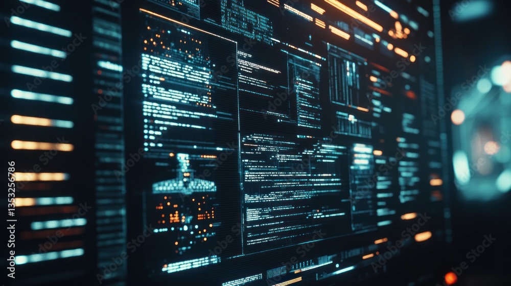 Aufkleber futuristic digital interface with data streams and visual representations.