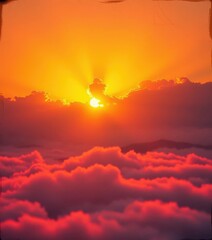 Retro textured background, vibrant sunrise rays breaking through clouds, color, sun, morning