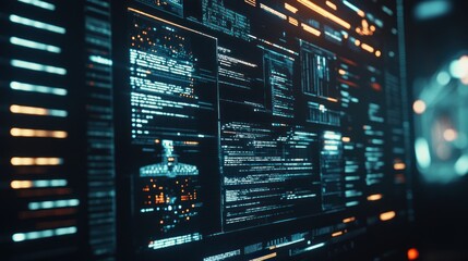 Futuristic digital interface with data streams and visual representations.