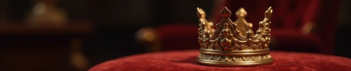 Obraz premium Ornate golden crown perches atop an intricately carved wooden base with gilded edges and velvet upholstery, regal accessories, luxurious furniture, antique decor