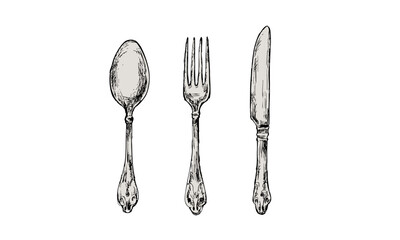 アンティークな手描きカトラリー（スプーン、フォーク、ナイフ）