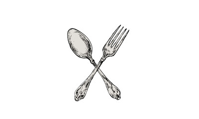 アンティークなの手描きカトラリー（クロスしたフォークとスプーン）