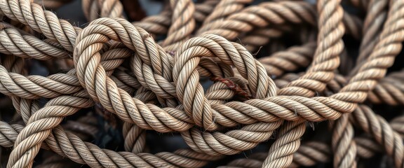 Obraz premium Thick ship ropes tied with a complex knot, weathered texture, boating, sea knot, weathered