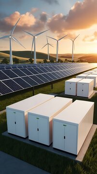 Renewable energy system with solar panels, wind turbines, and battery storage in a scenic landscape. Sustainable power generation with modern clean energy technology for a greener future

