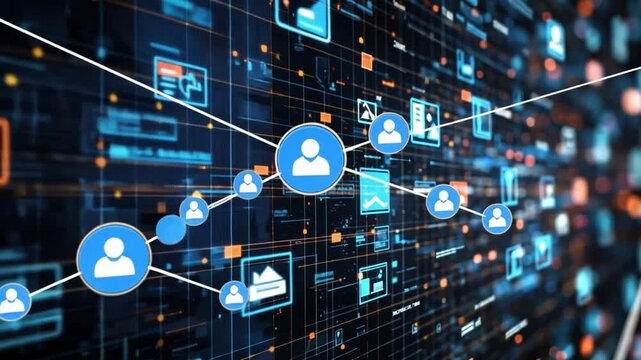 Futuristic Data Network with User Profile Icons and Digital Connections, Representing Social Interactions and Information Sharing in Modern Technology
