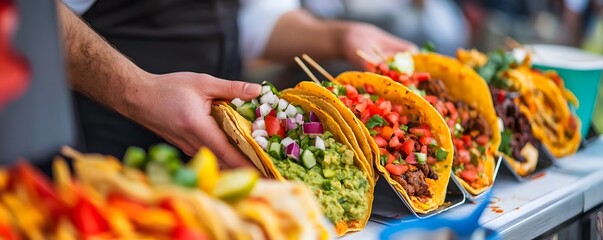 A colorful array of fresh tacos filled with various ingredients, showcasing vibrant vegetables and meats. Perfect for serving at events or highlighting culinary delights.