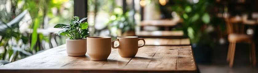 Fototapeta premium A cozy cafe setting featuring three ceramic cups and two small potted plants on a wooden table. The warm atmosphere blends nature with relaxed dining, inviting guests to unwind.