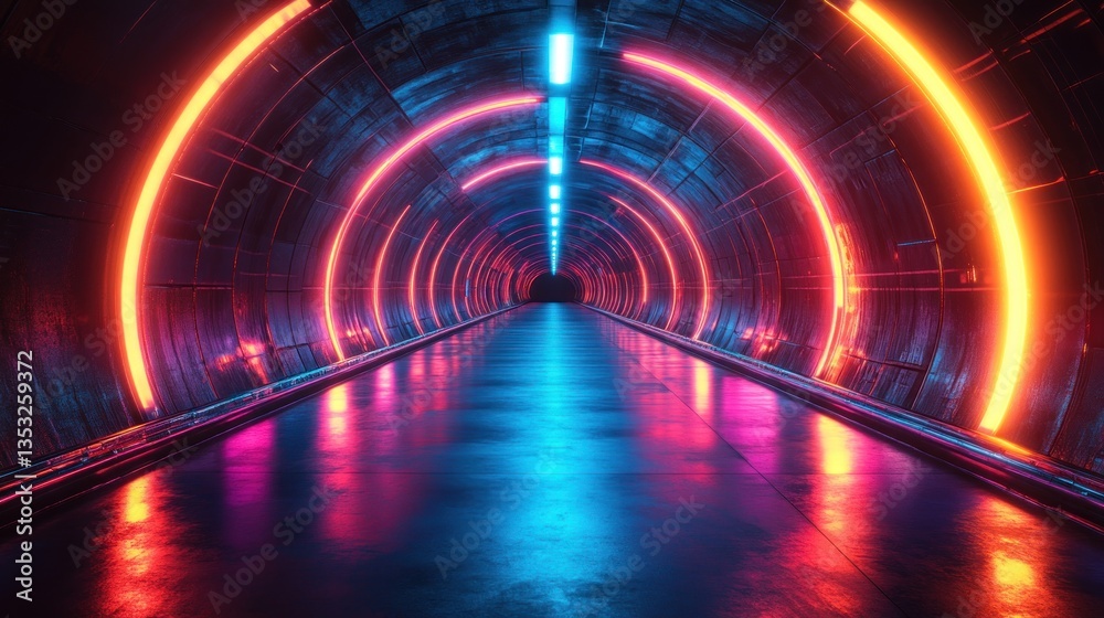 Aufkleber futuristic neon-lit tunnel with vibrant red and blue circular lights reflecting on a sleek floor.