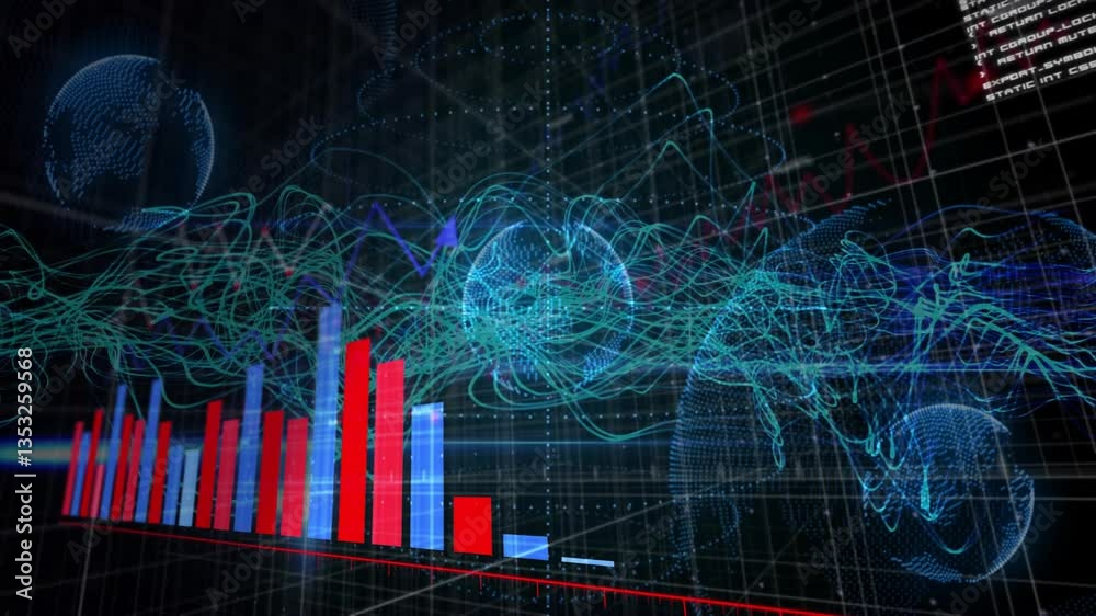 Poster animation showing bar graphs and digital waveforms for global network data in school
