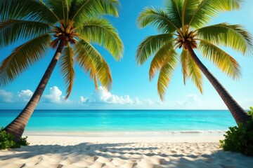 Fototapeta premium Warm sandy beach under vintage palm trees with turquoise ocean, palm trees, ocean