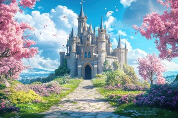 A majestic castle sits on a beautiful green hill surrounded by flowers