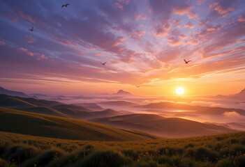 A mesmerizing sunrise over rolling hills, casting golden light on the misty valleys while birds gracefully soar through the vibrant, colorful sky