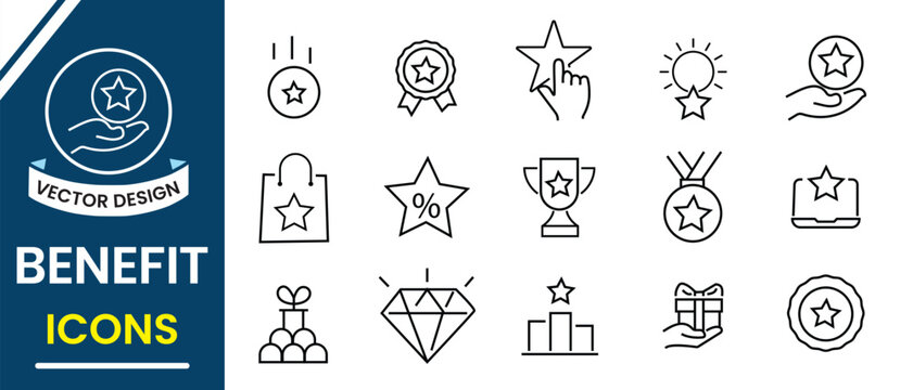 Benefit line icon, vector set. Bonus, benefit,  reward, loyalty, star, winner, award, prize, incentive and more line icon set. Vector illustration.