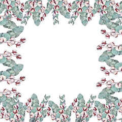 Watercolor square frame with copy space bouquet with eucalyptus and branch of cotton on white background. Botanical for wedding celebration. Green blue silver leaves. Art for wallpaper or card