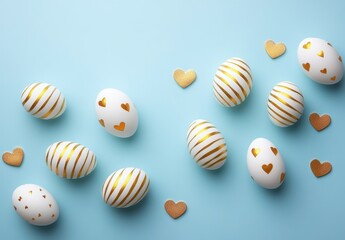 Obraz premium Colorful Easter Eggs with Golden Hearts and Stripes on Soft Blue Background for Spring Celebrations and Holidays
