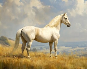 Obraz premium A majestic white horse stands gracefully in a golden field under a vast sky. The serene landscape captures the beauty of nature and the elegance of this magnificent creature.