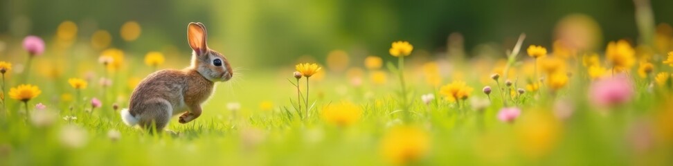 Obraz premium A small rabbit hopping through a field of wildflowers , field, flowers