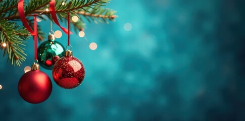 Blue background with hanging red and green glass balls, ribbons and fairy lights , Icy Landscape, Ribbons