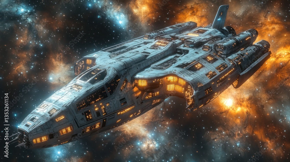 Poster Futuristic spaceship traversing a vibrant nebula, showcasing detailed design and illuminated windows.