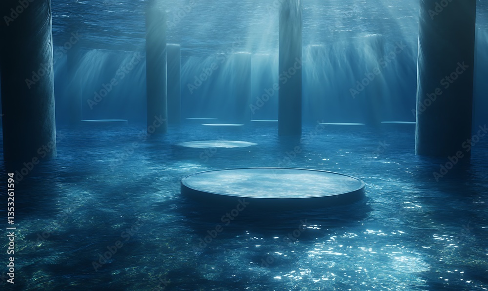 Aufkleber mysterious underwater scene with circular platforms and sunbeams illuminating the depths.