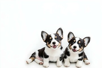 Welsh Corgi Cardigan cute fluffy dog puppies. funny animals on white background with copy space