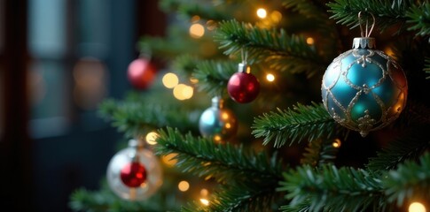 Colorful glass baubles and twinkling fairy lights adorn the branches of a beautifully decorated evergreen Christmas tree, branches, christmas tree
